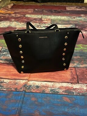 Michael Kors Black Leather Tote with Gold Stud Accents